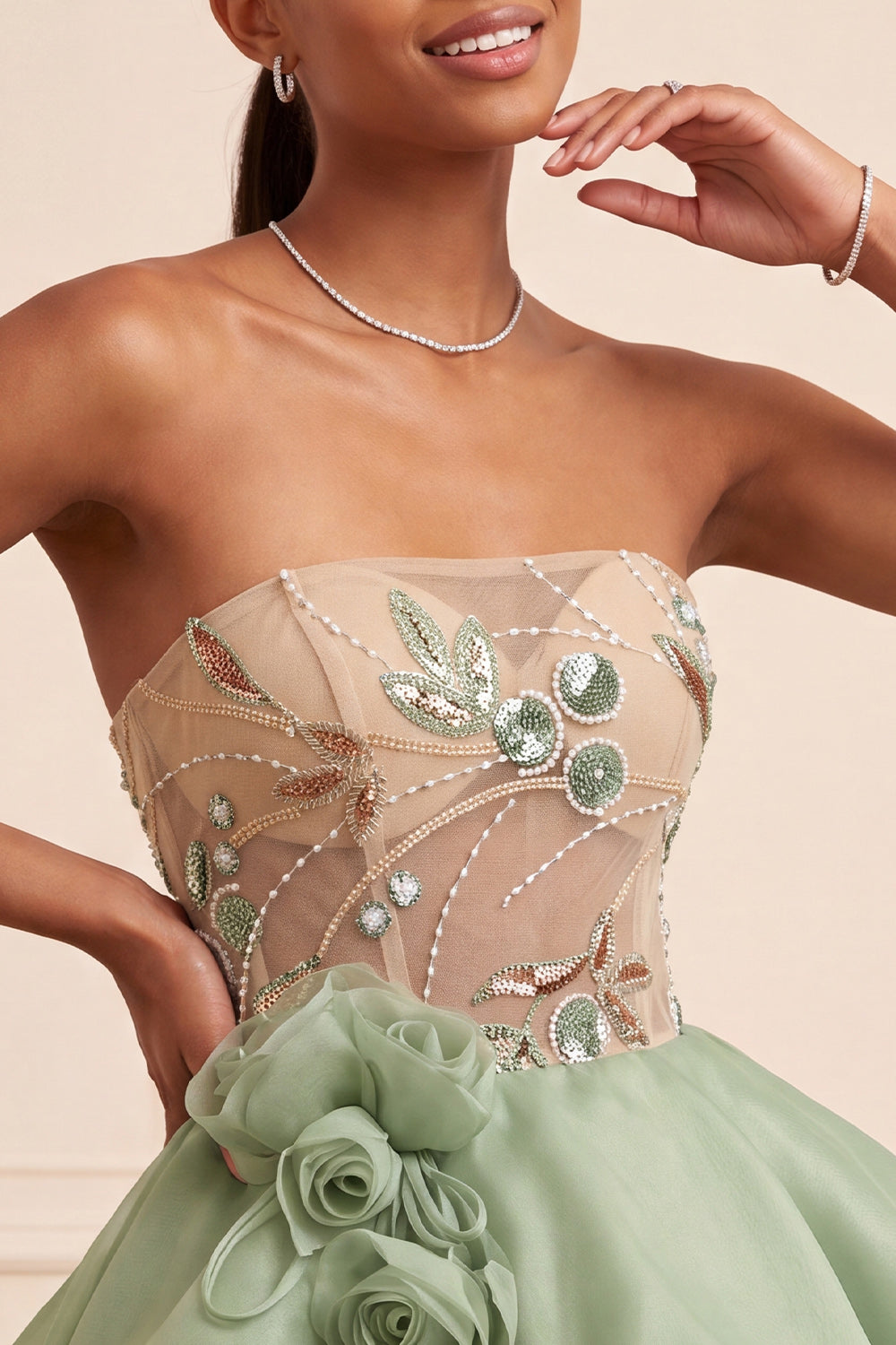 Dusty Sage Corset Sparkly A Line Short Beaded Homecoming Dress with 3D Flowers