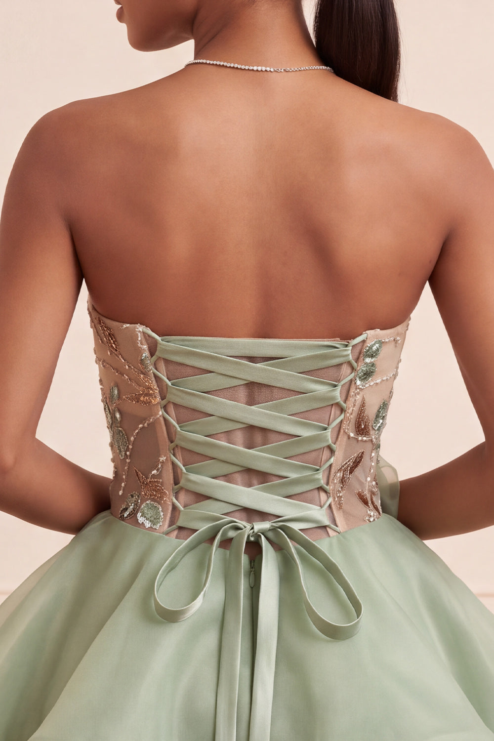 Dusty Sage Corset Sparkly A Line Short Beaded Homecoming Dress with 3D Flowers