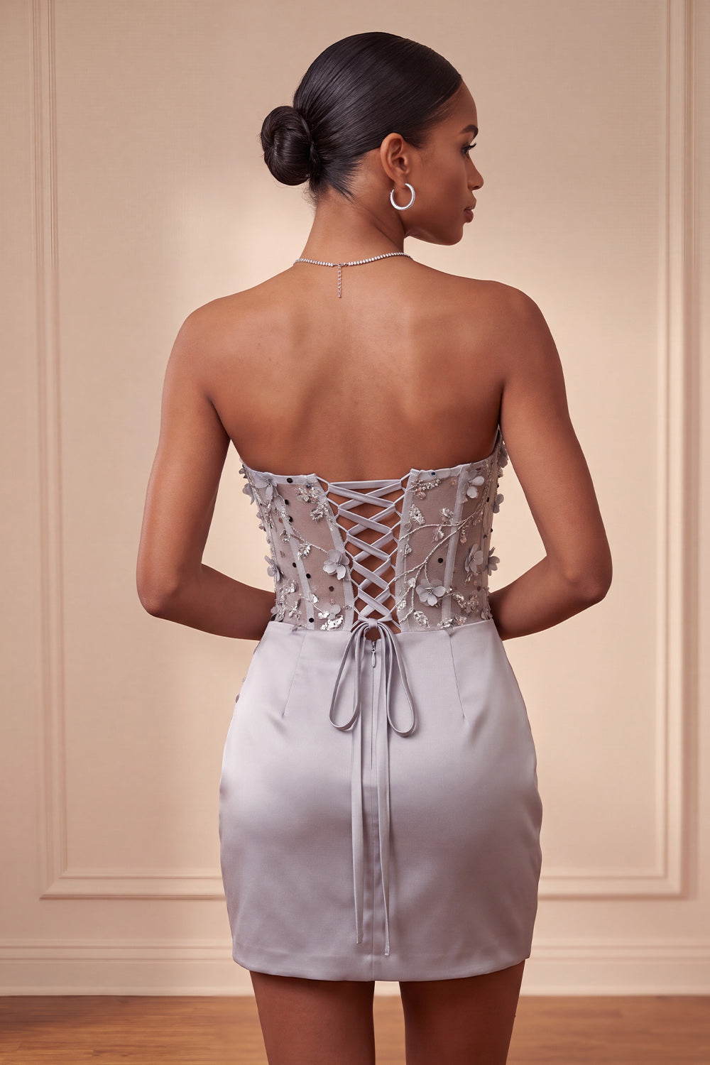 Light Grey Corset Strapless Short Tight Homecoming Dress with 3D Flowers