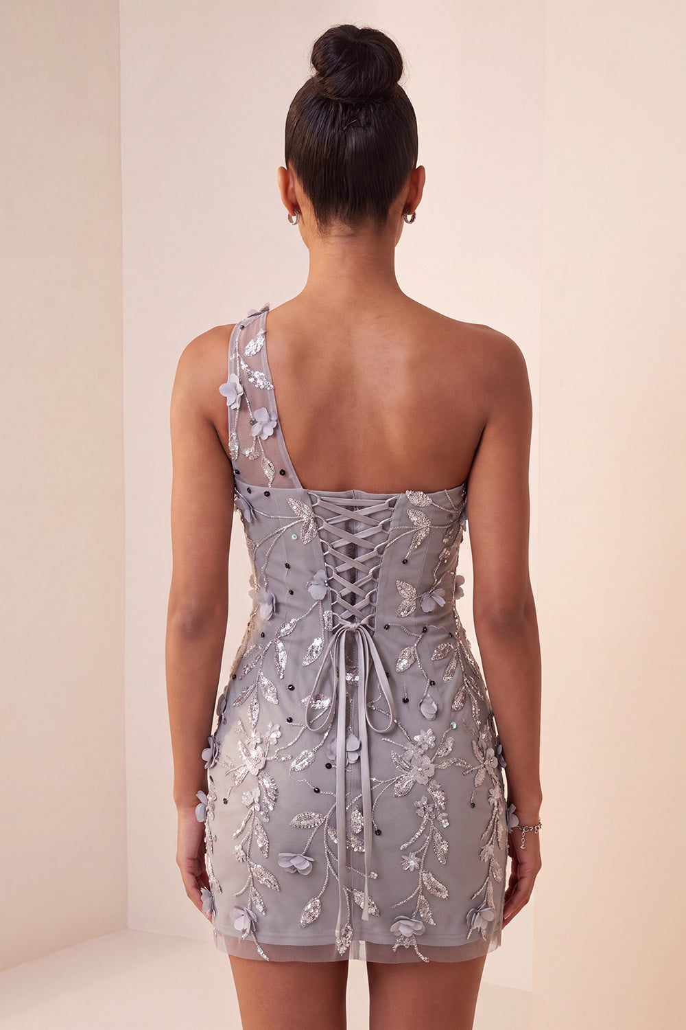 Grey Floral One Shoulder Sequins Tight Short Homecoming Dress