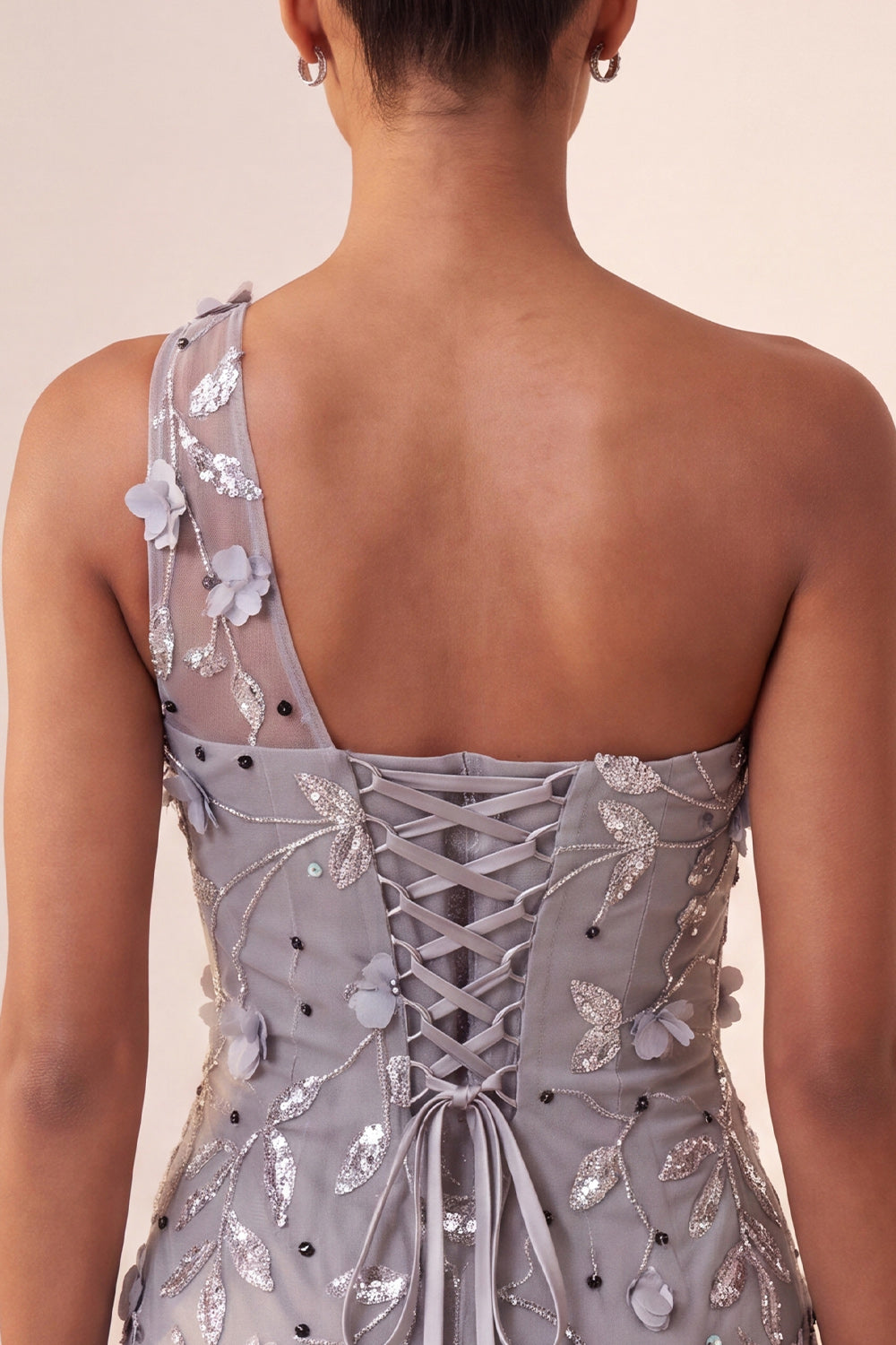 Grey Floral One Shoulder Sequins Tight Short Homecoming Dress