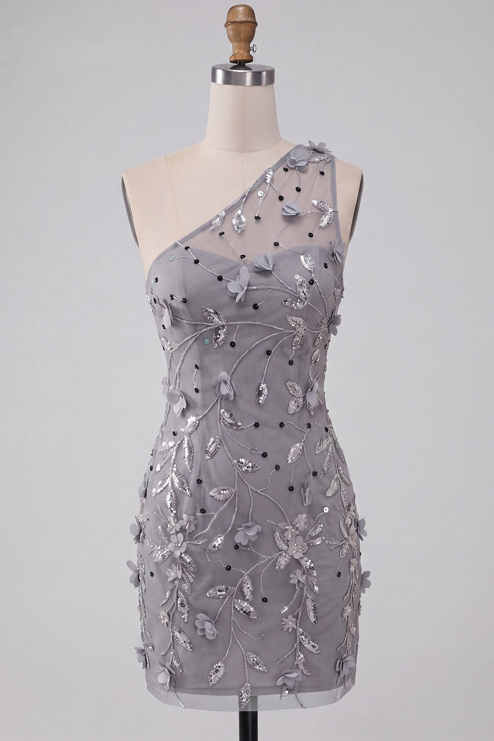 Grey Floral One Shoulder Sequins Tight Short Homecoming Dress