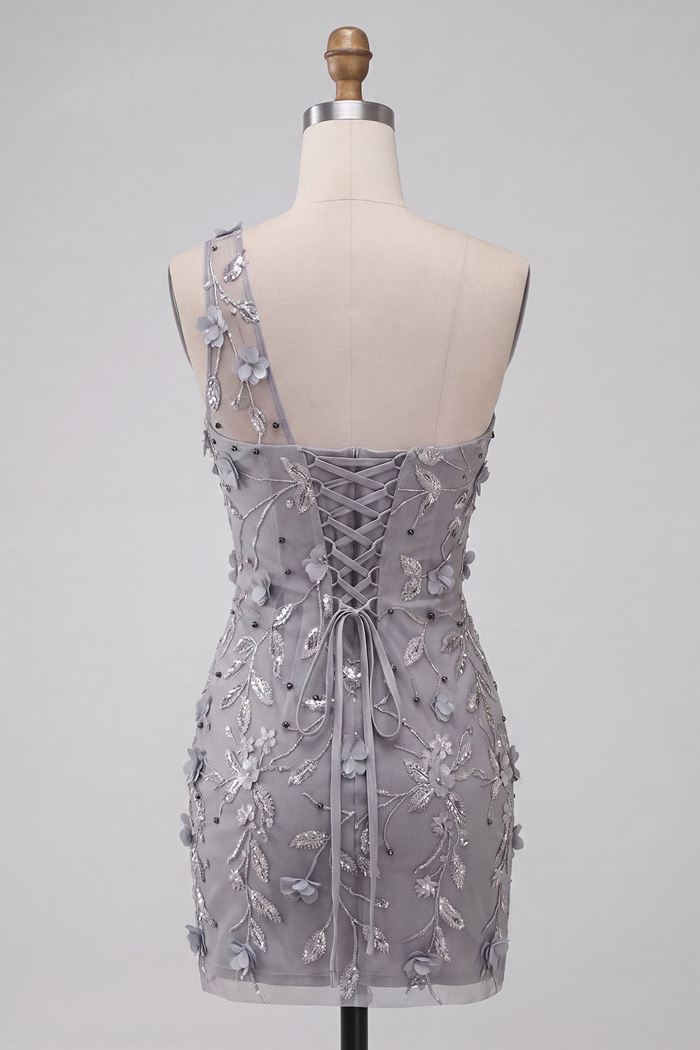 Grey Floral One Shoulder Sequins Tight Short Homecoming Dress