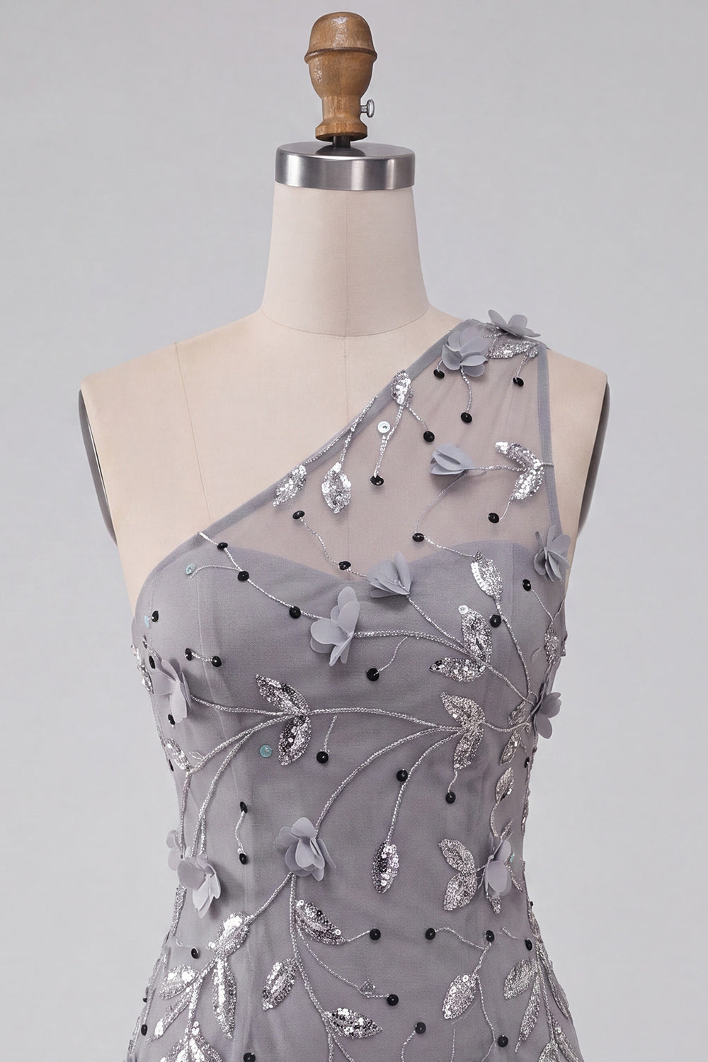 Grey Floral One Shoulder Sequins Tight Short Homecoming Dress