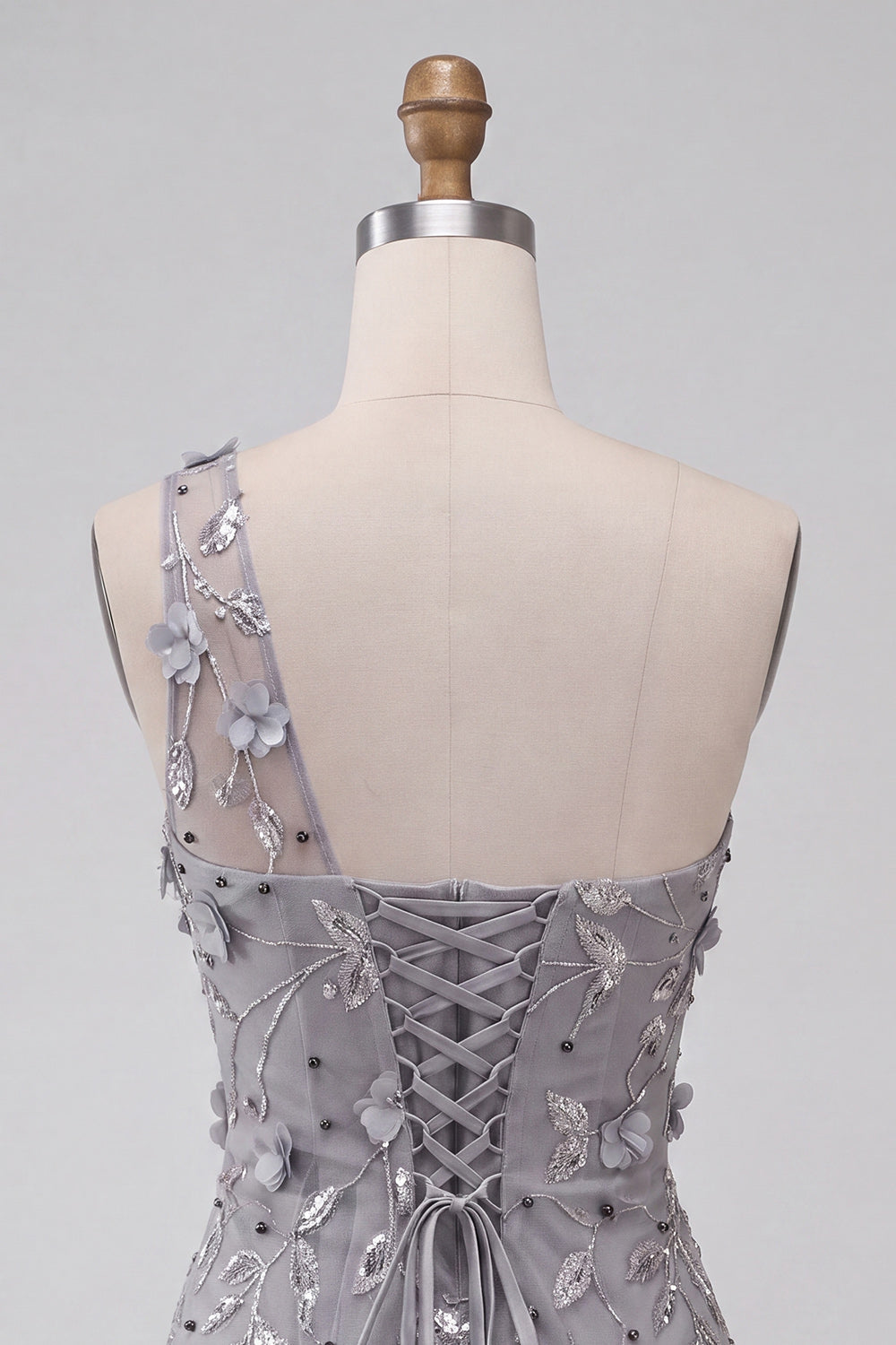 Grey Floral One Shoulder Sequins Tight Short Homecoming Dress