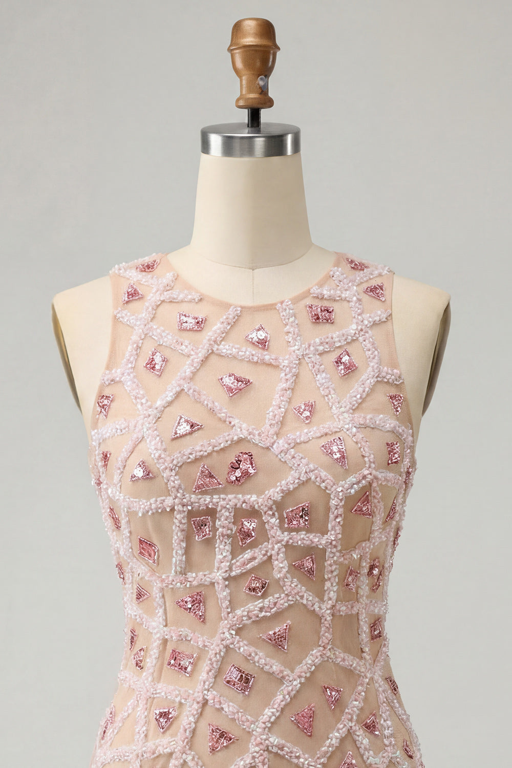 Sparkly Blush Beaded Tight Short Homecoming Dress with Rhinestones
