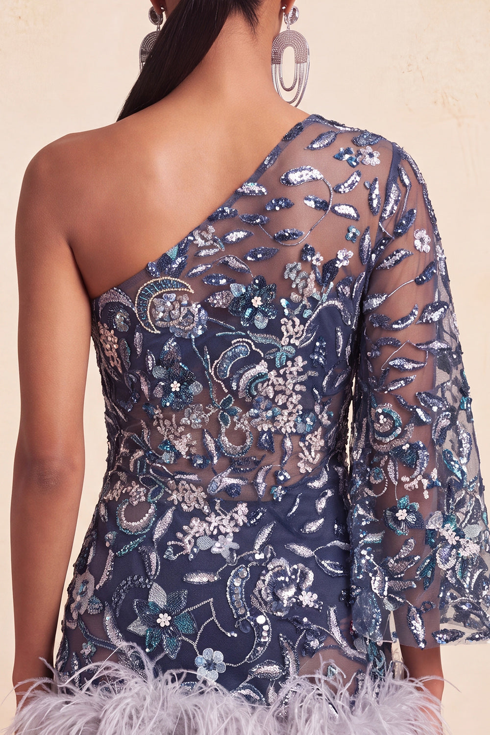 Floral Navy Tight Sparkly One Shoulder Beaded Homecoming Dress with Feathers