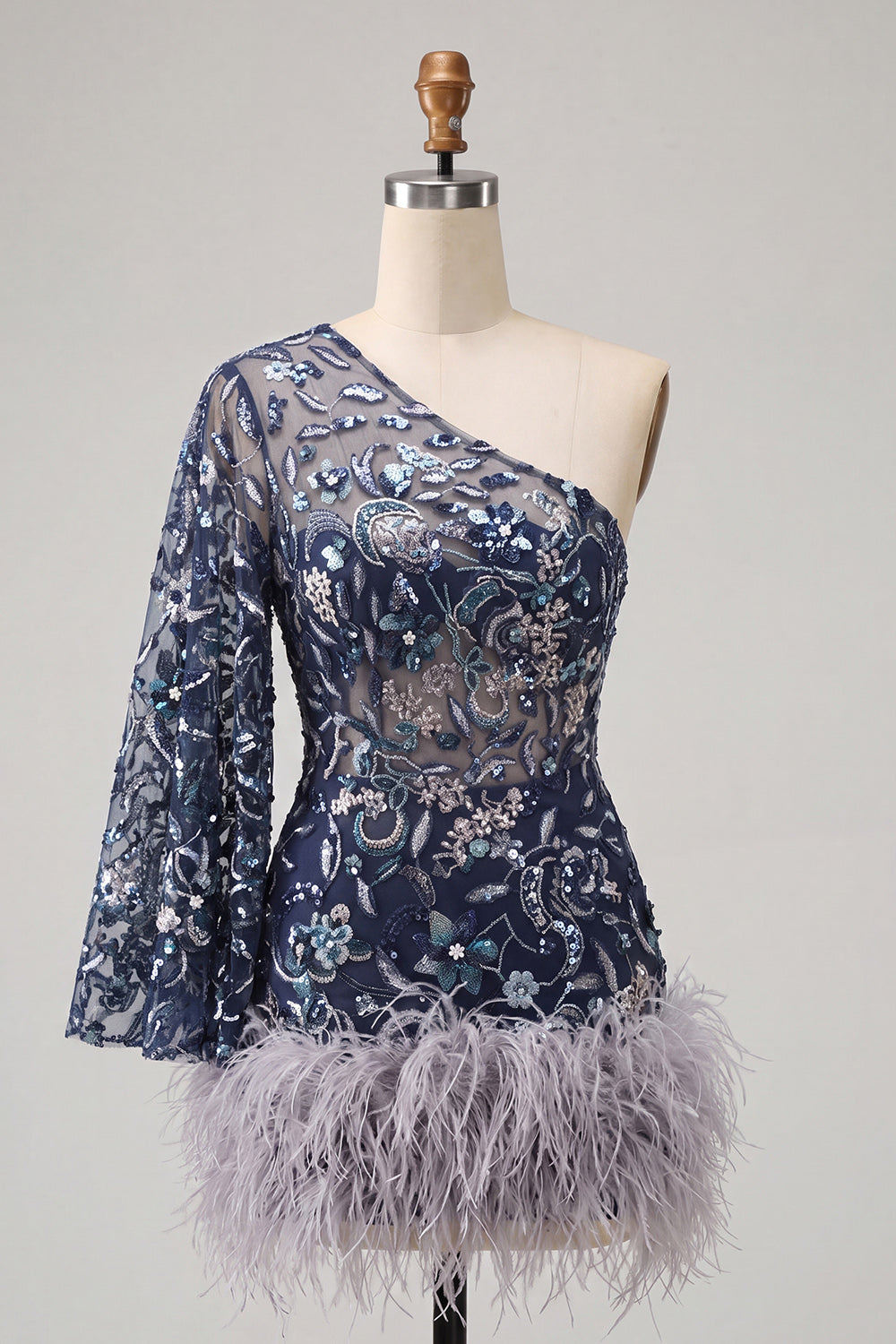 Floral Navy Tight Sparkly One Shoulder Beaded Homecoming Dress with Feathers