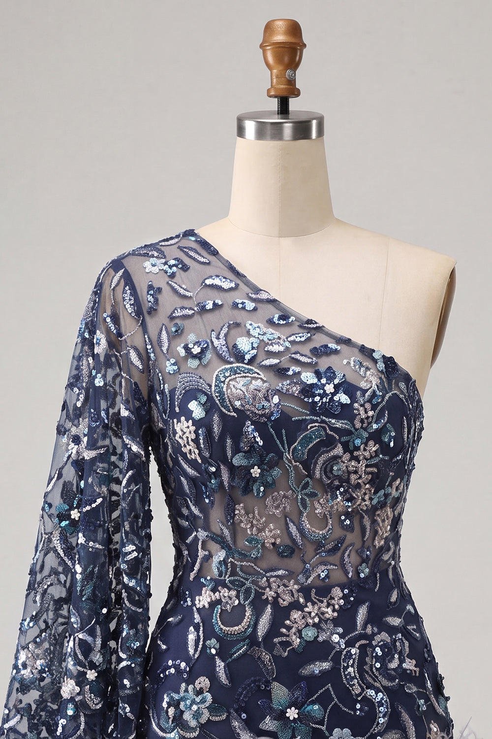 Floral Navy Tight Sparkly One Shoulder Beaded Homecoming Dress with Feathers