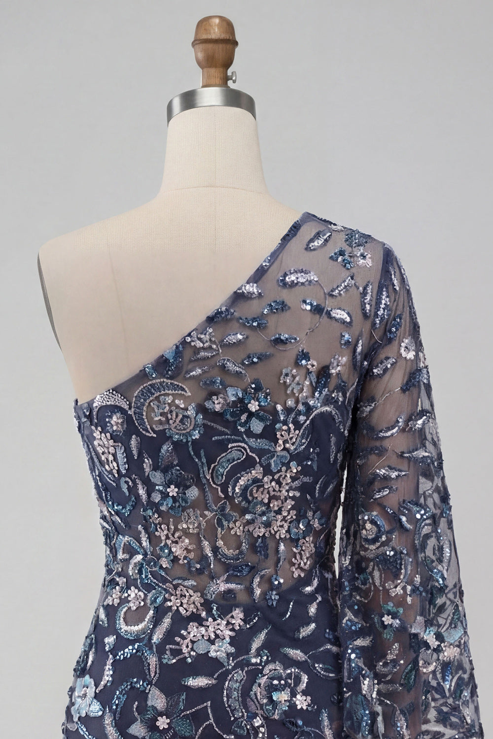 Floral Navy Tight Sparkly One Shoulder Beaded Homecoming Dress with Feathers
