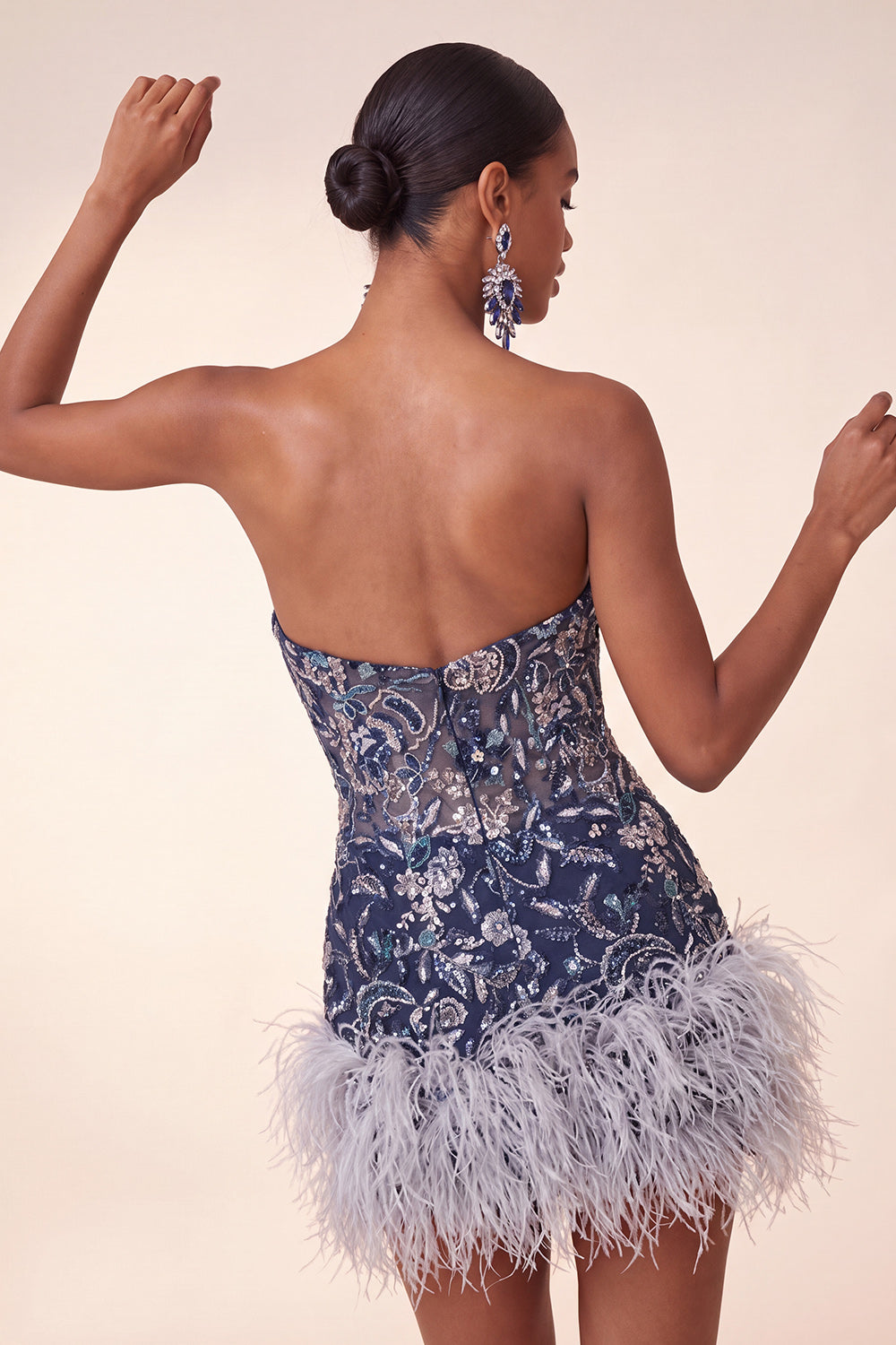 Navy Floral Beaded Sparkly Tight Short Homecoming Dress with Feathers
