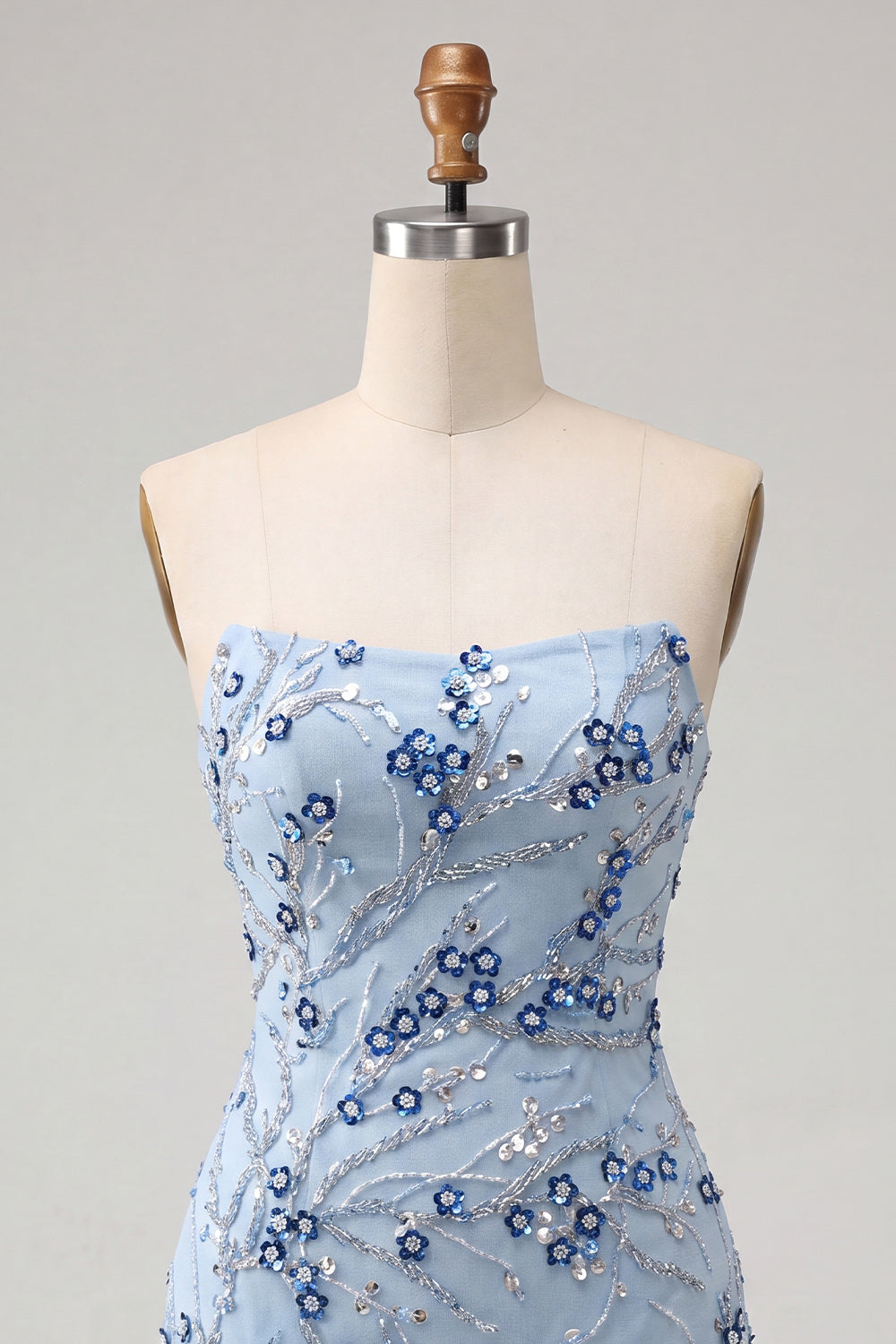 Dusty Blue Floral Sparkly Tight Sequins Short Homecoming Dress with Fringes