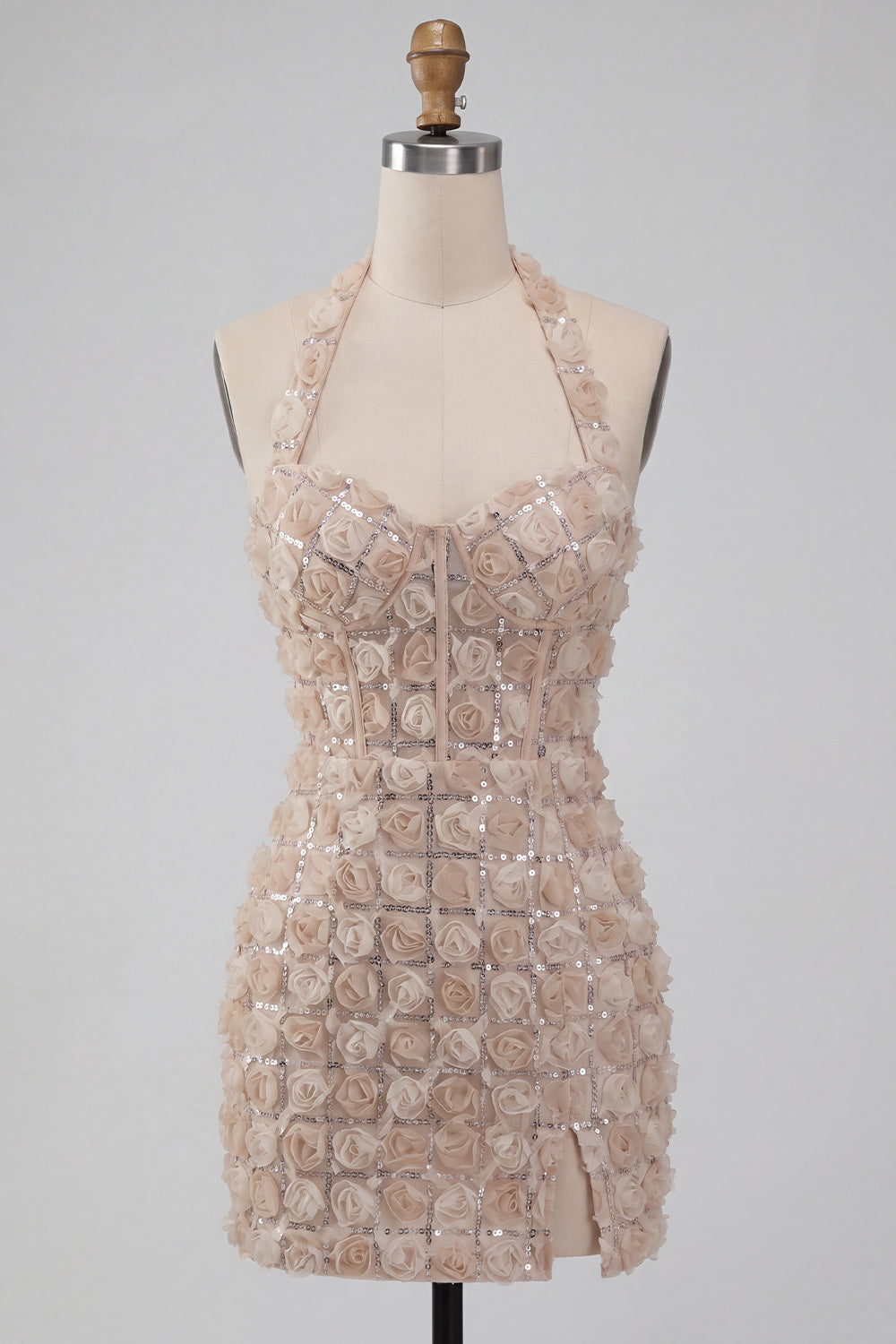 Sparkly Sequin Floral Champagne Tight Short Corset Homecoming Dress