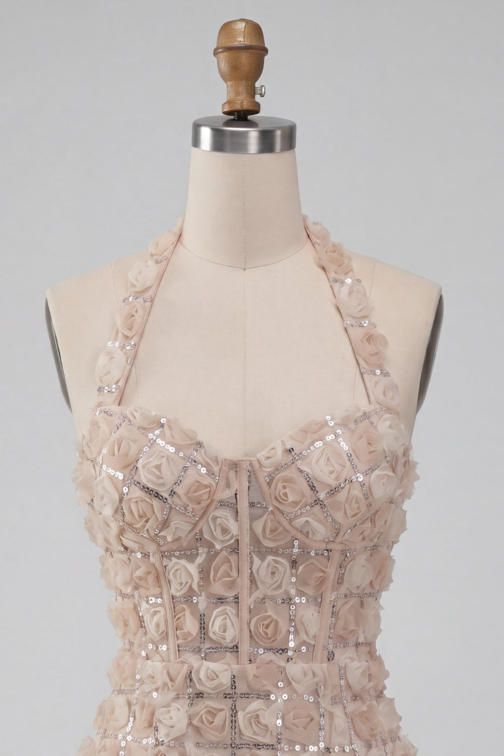 Sparkly Sequin Floral Champagne Tight Short Corset Homecoming Dress