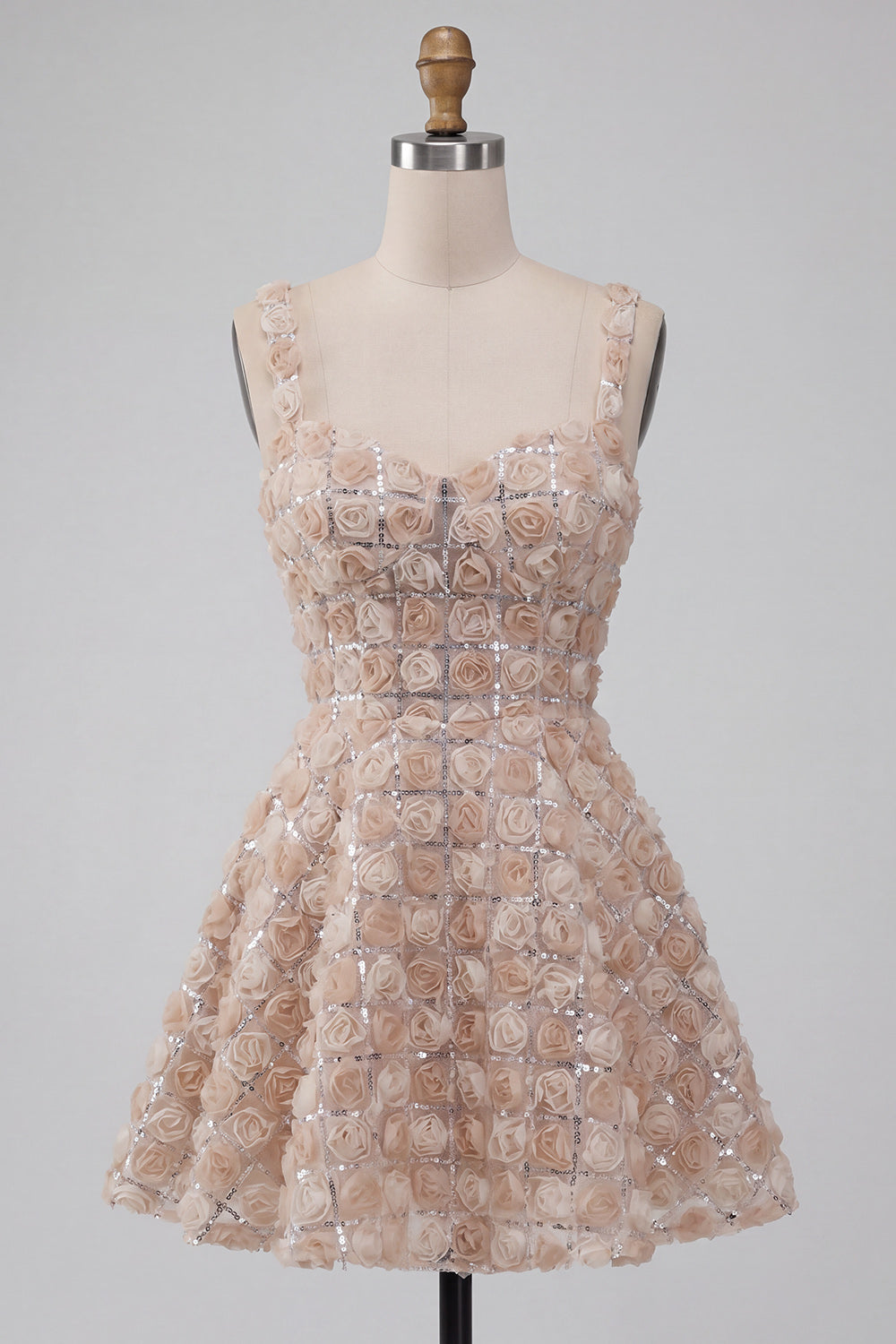 Sparkly Champagne Sequin A-Line Short Homecoming Dress with 3D Flowers