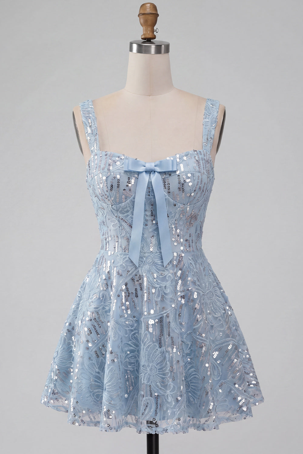Sky Blue Floral Sparkly Sequin A-Line Short Homecoming Dress with Bow