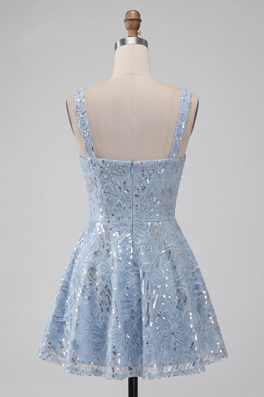 Sky Blue Floral Sparkly Sequin A-Line Short Homecoming Dress with Bow