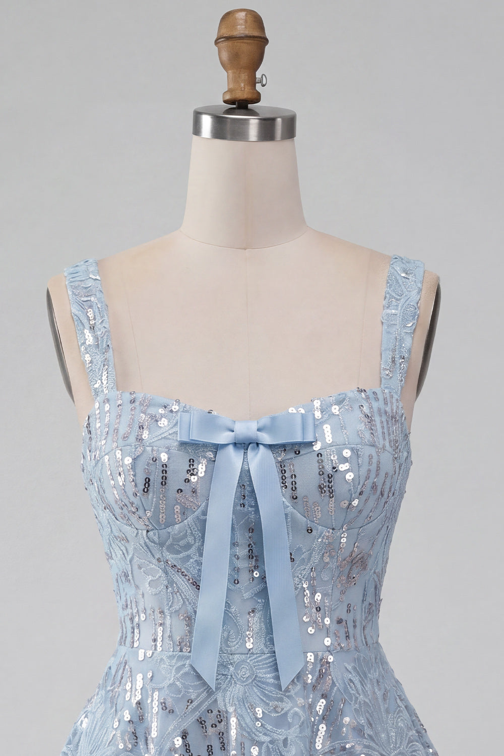 Sky Blue Floral Sparkly Sequin A-Line Short Homecoming Dress with Bow