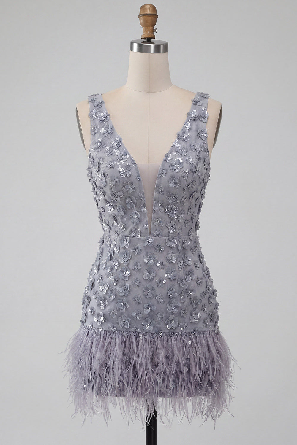 Sparkly Tight Sequin Floral Dusty Lavender Short Homecoming Dress with Feather