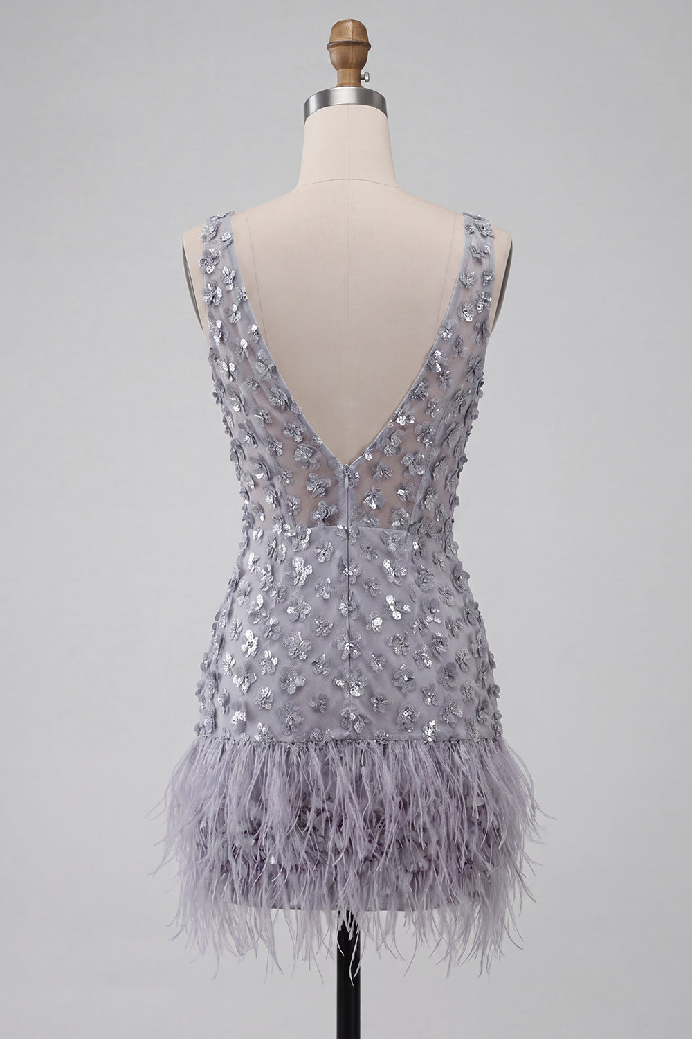 Sparkly Tight Sequin Floral Dusty Lavender Short Homecoming Dress with Feather
