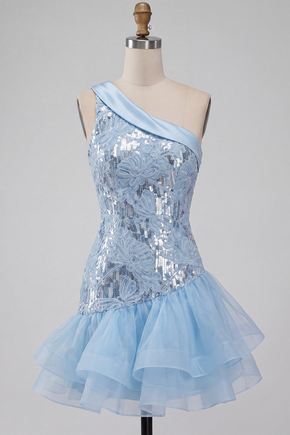Sky Blue Floral Sparkly Sequin Tight Short Homecoming Dress with Ruffles