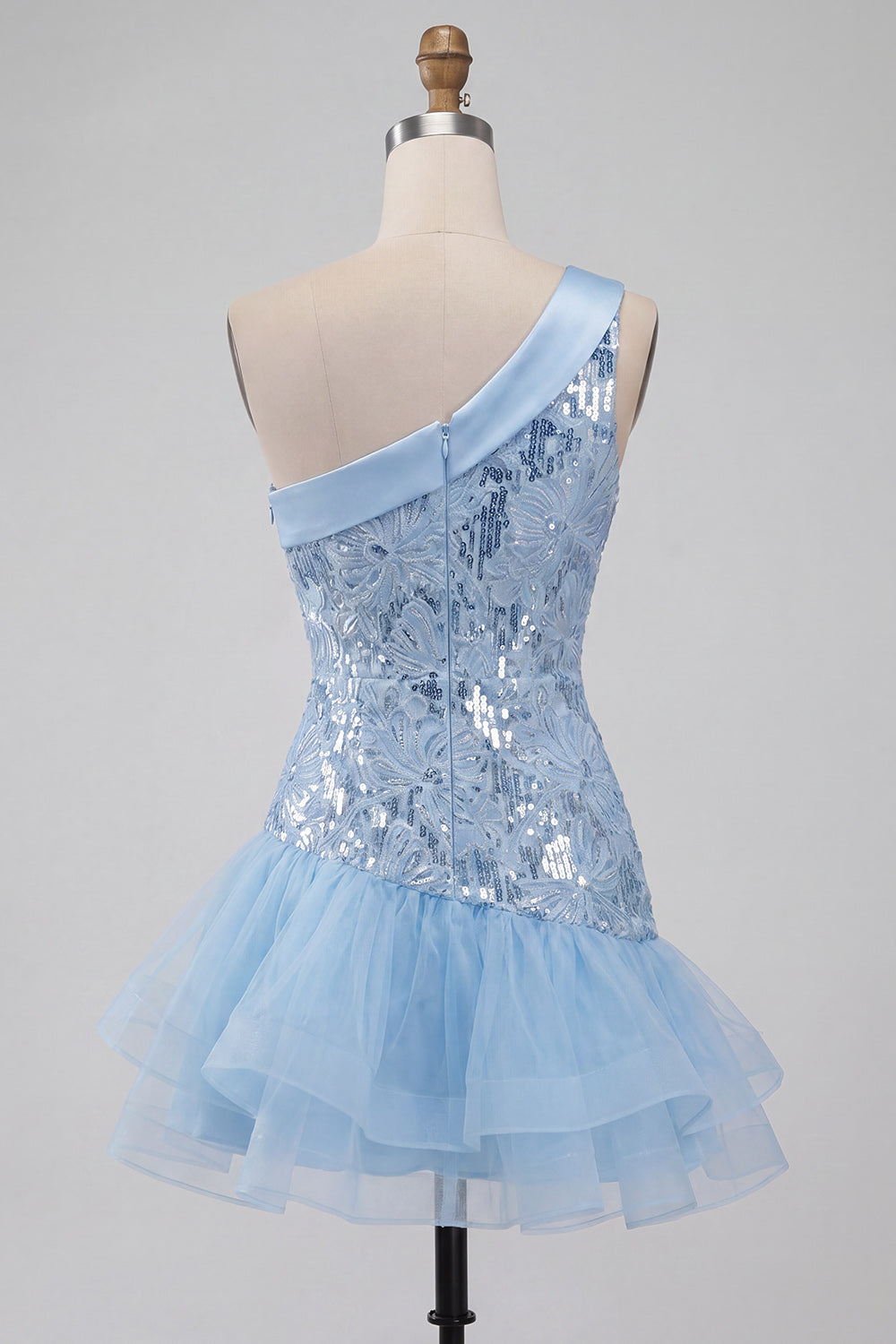 Sky Blue Floral Sparkly Sequin Tight Short Homecoming Dress with Ruffles