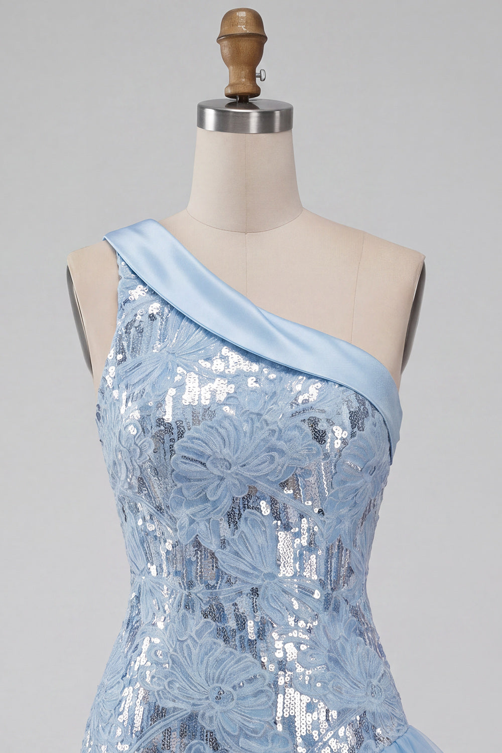 Sky Blue Floral Sparkly Sequin Tight Short Homecoming Dress with Ruffles