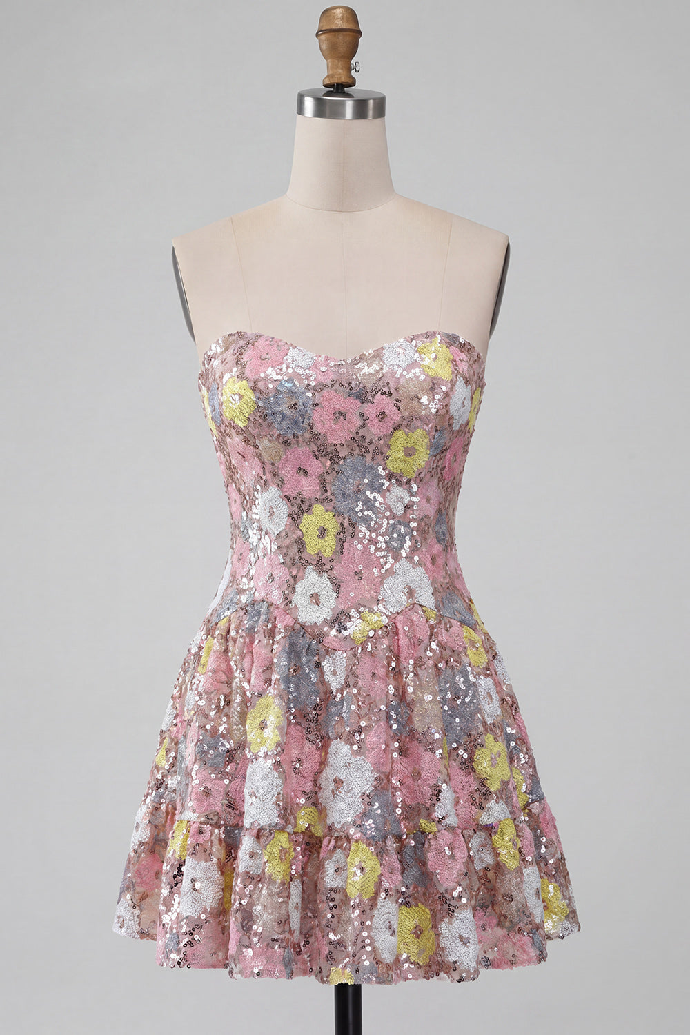 Pink Sparkly Floral Sequin Sweetheart A-Line Short Homecoming Dress