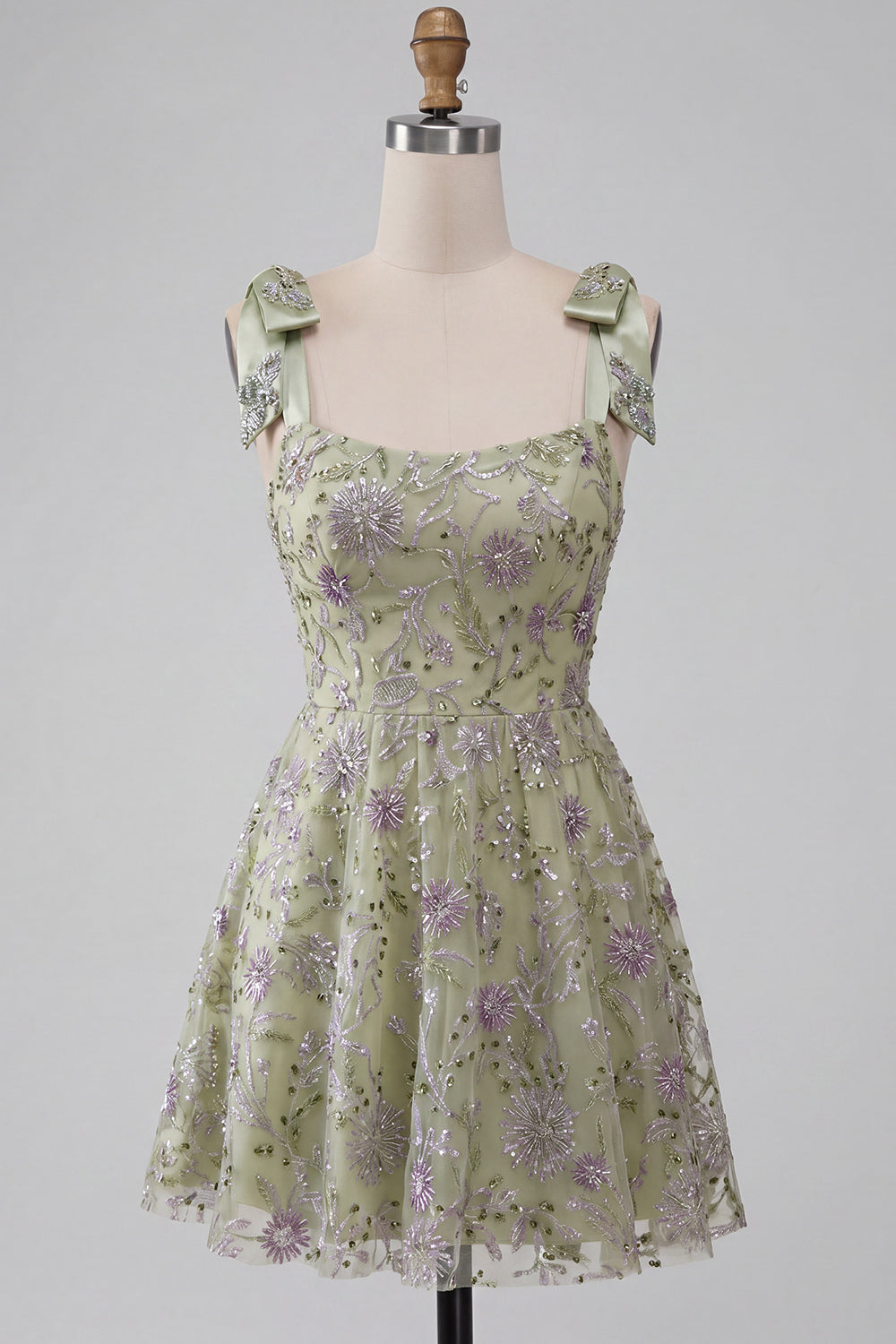 Sparkly Floral Dusty Sage A-Line Short Beaded Homecoming Dress with Bows