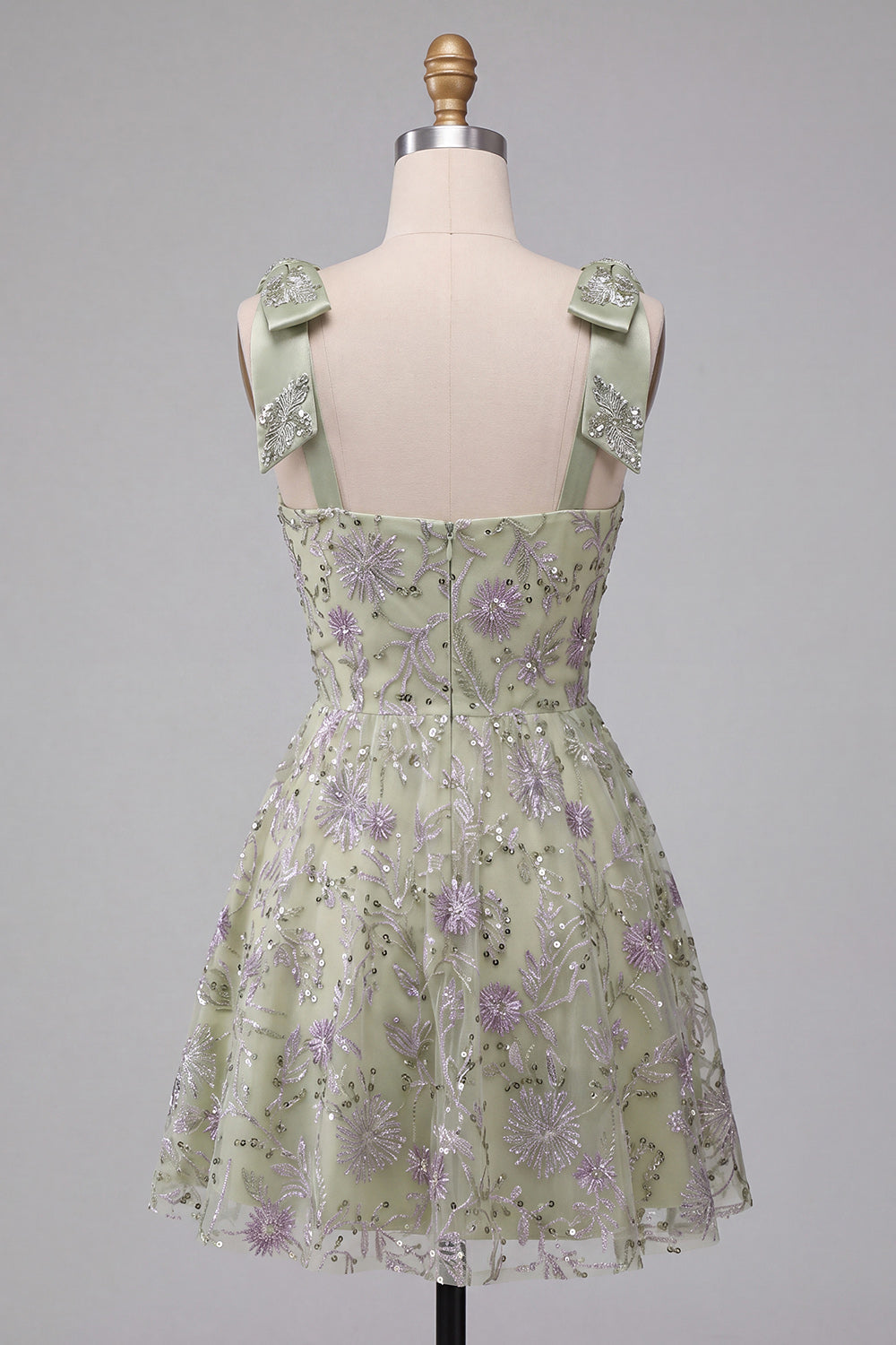Sparkly Floral Dusty Sage A-Line Short Beaded Homecoming Dress with Bows