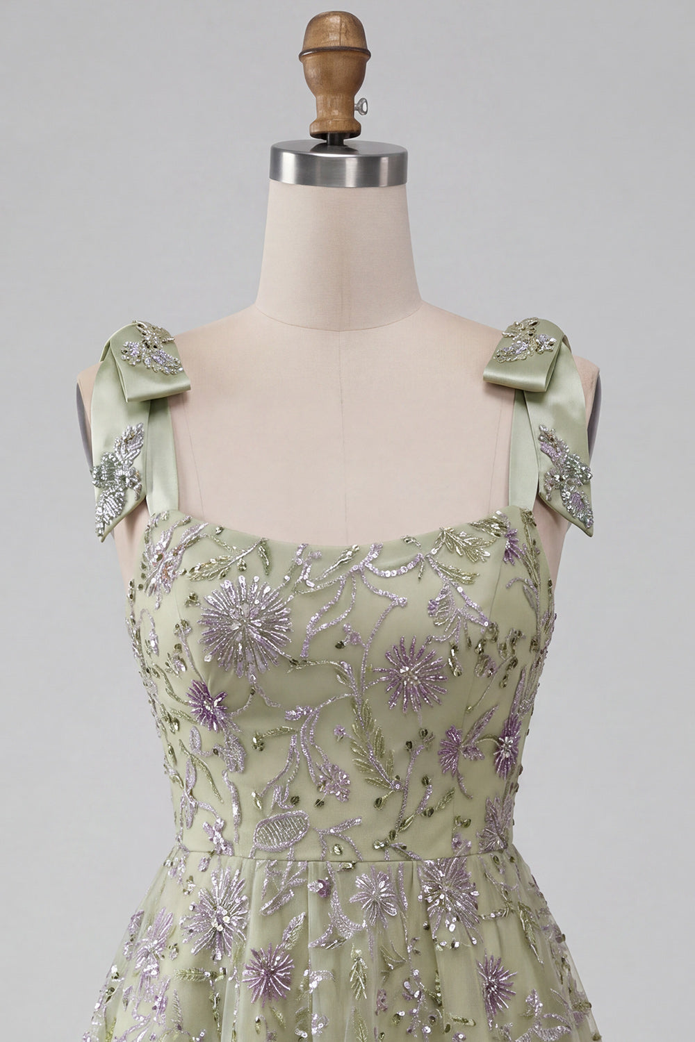 Sparkly Floral Dusty Sage A-Line Short Beaded Homecoming Dress with Bows