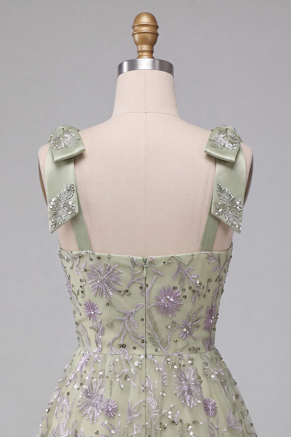 Sparkly Floral Dusty Sage A-Line Short Beaded Homecoming Dress with Bows