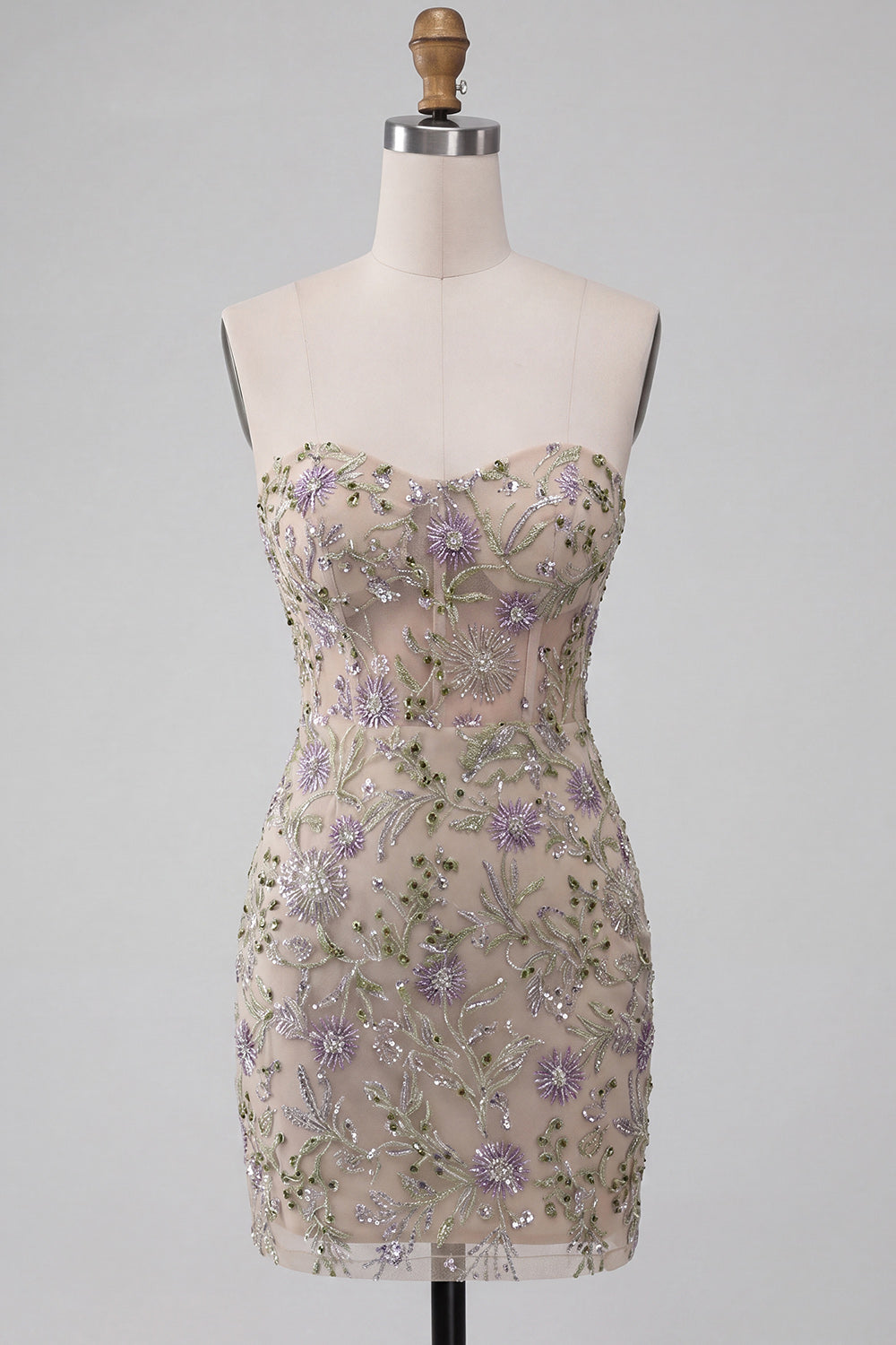 Sparkly Dusty Sage Corset Floral Beaded Tight Short Homecoming Dress