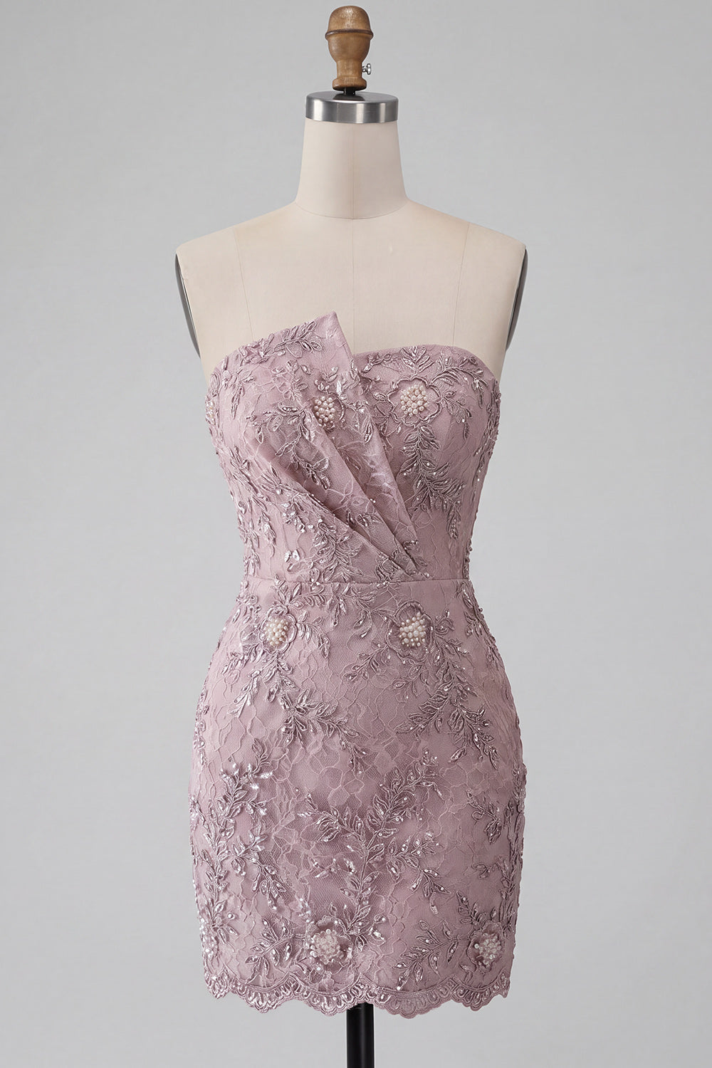 Sparkly Beaded Fog Lace Floral Strapless Tight Short Homecoming Dress