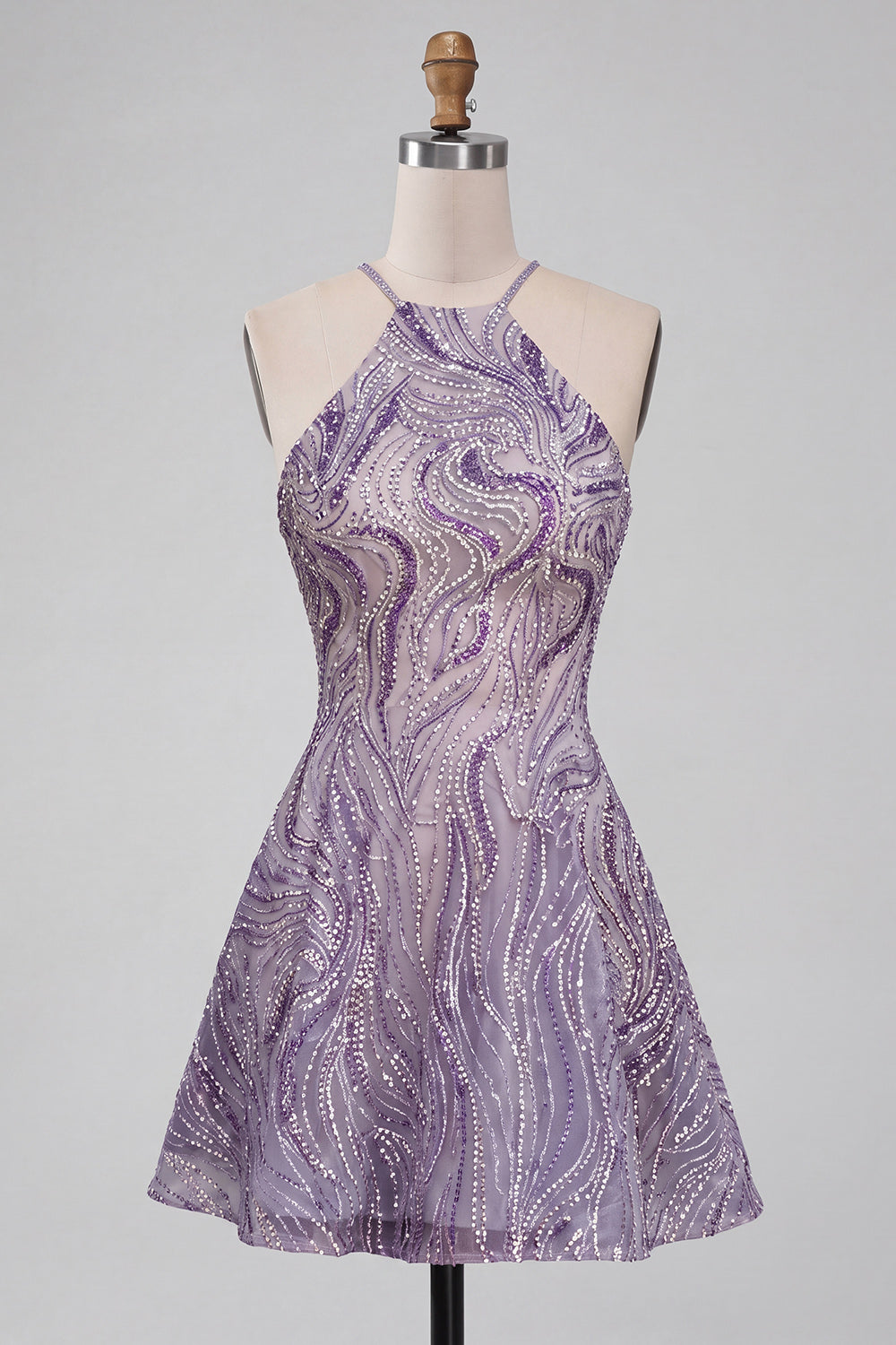 Sparkly Lilac Beaded A-Line Halter Short Homecoming Dress