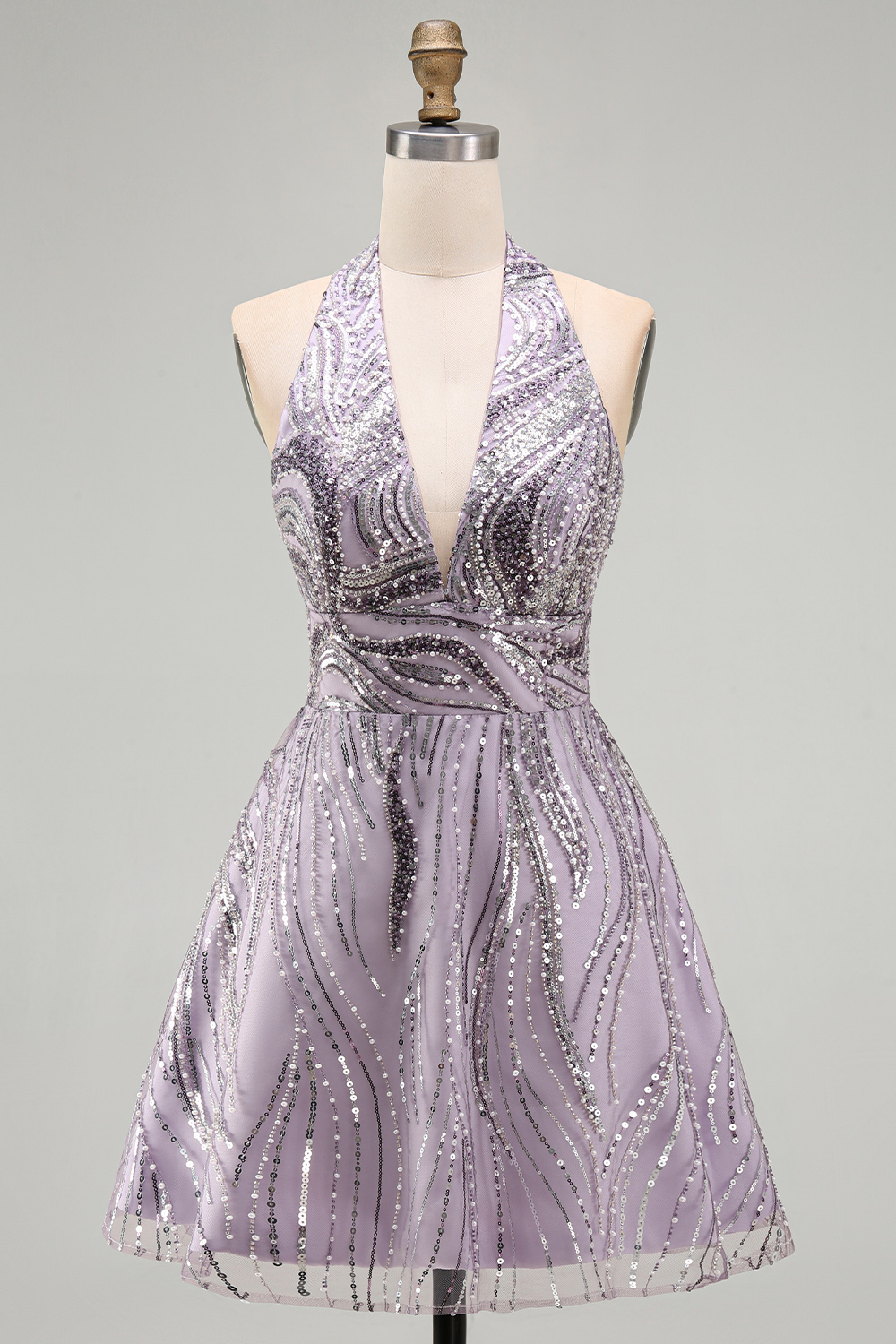 Sparkly Sequin Lilac Halter A-Line Short Homecoming Dress