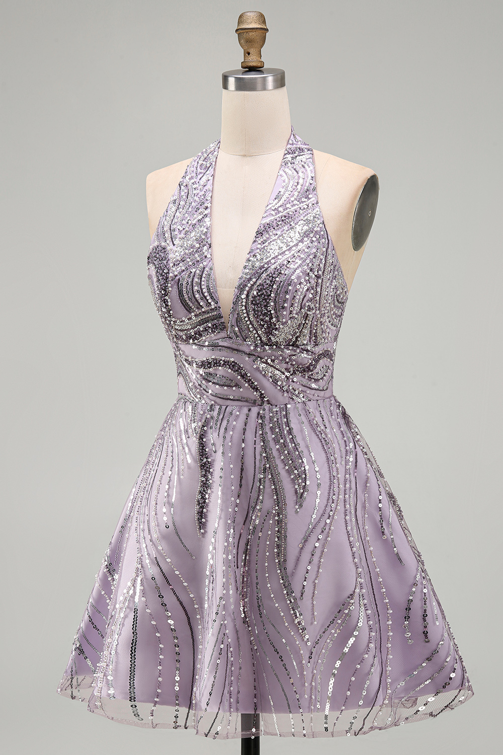 Sparkly Sequin Lilac Halter A-Line Short Homecoming Dress