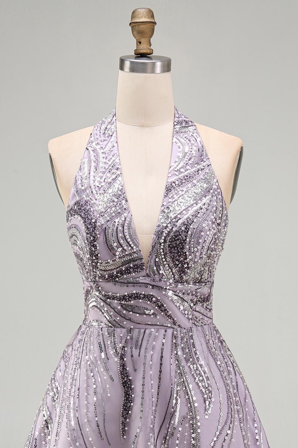 Sparkly Sequin Lilac Halter A-Line Short Homecoming Dress