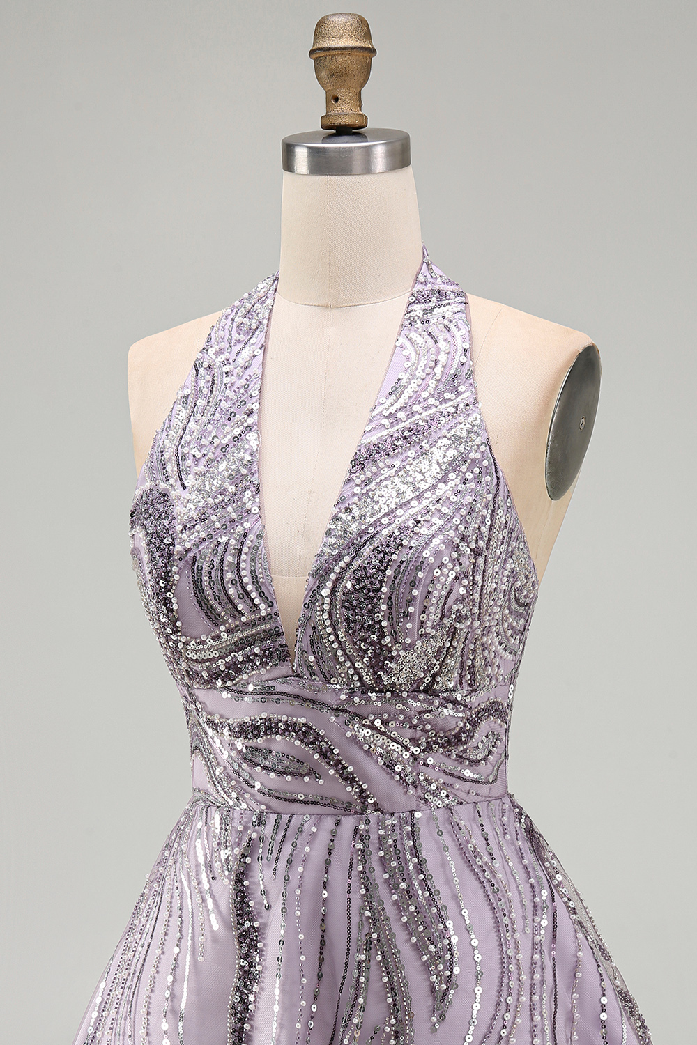 Sparkly Sequin Lilac Halter A-Line Short Homecoming Dress