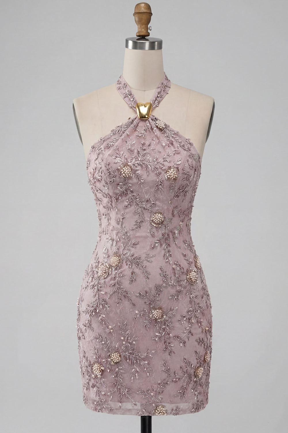 Floral Fog Sparkly Beaded Halter Tight Short Homecoming Dress