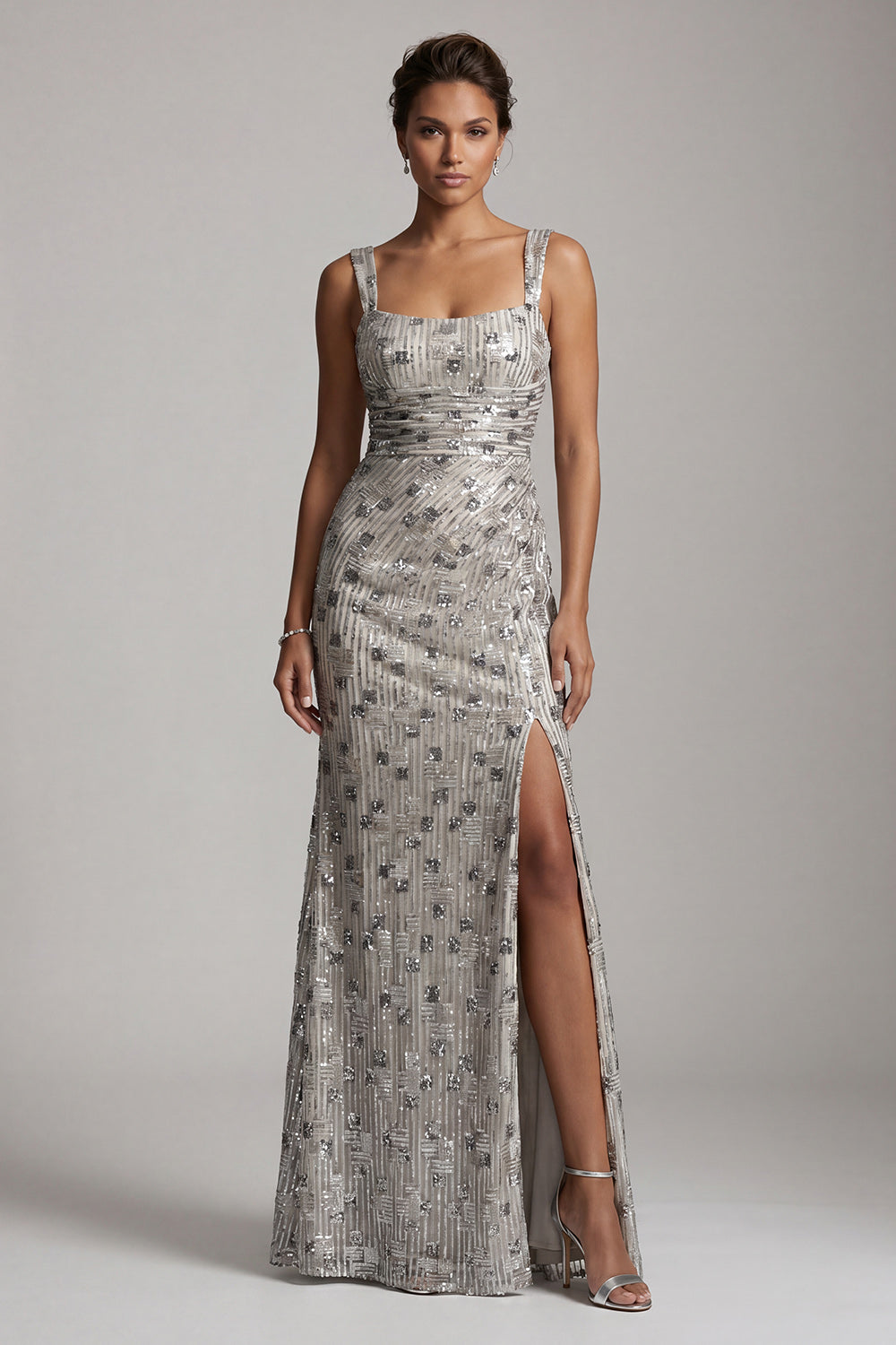 Silver Sparkly Sheath Ruched Long Square Neck Mother of the Bride Dress with Slit