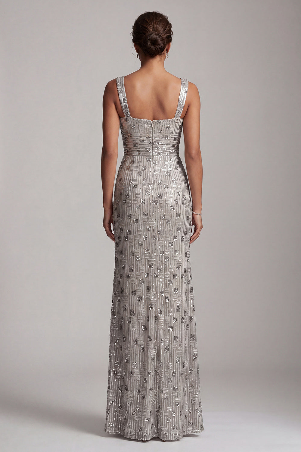 Silver Sparkly Sheath Ruched Long Square Neck Mother of the Bride Dress with Slit