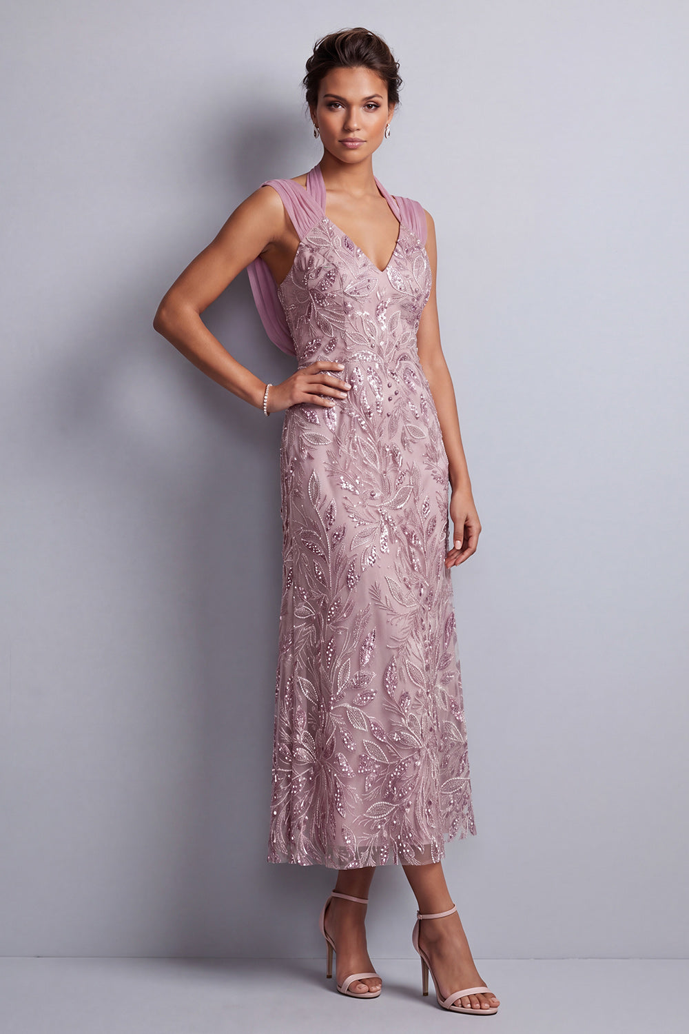 Sparkly Beaded Vintage Mauve Sheath Halter Midi Floral Mother of the Bride Dress