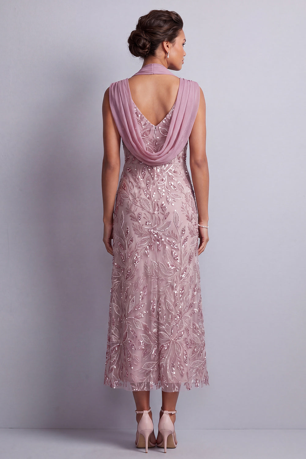Sparkly Beaded Vintage Mauve Sheath Halter Midi Floral Mother of the Bride Dress