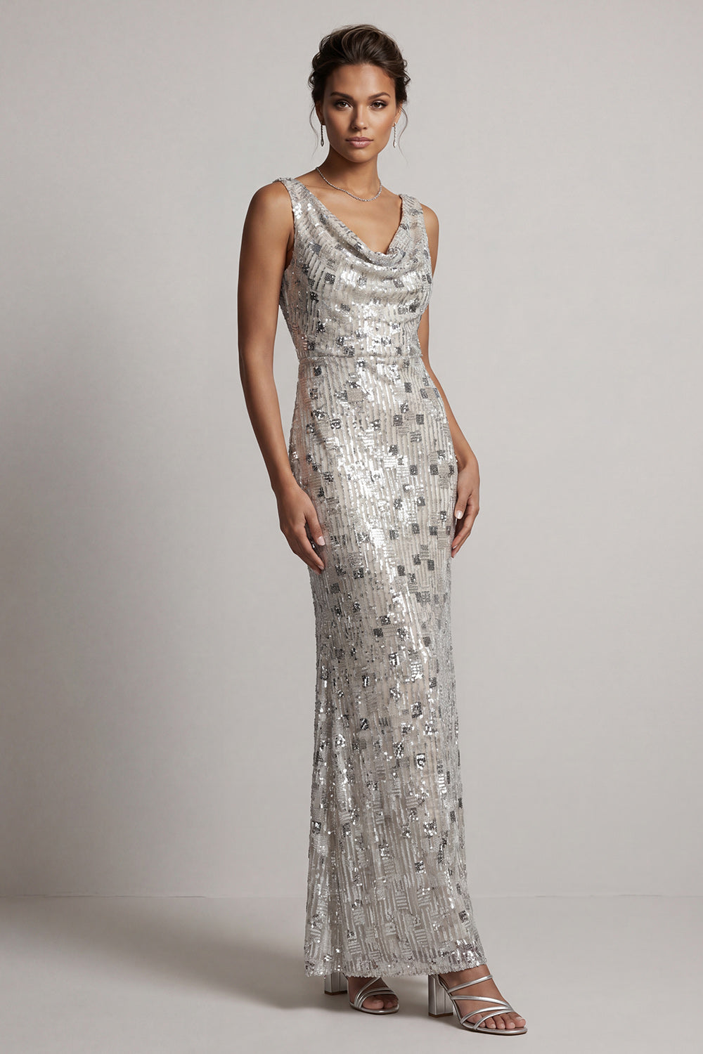 Sparkly Sequins Silver Sheath Cowl Neck Long Mother of the Bride Dress
