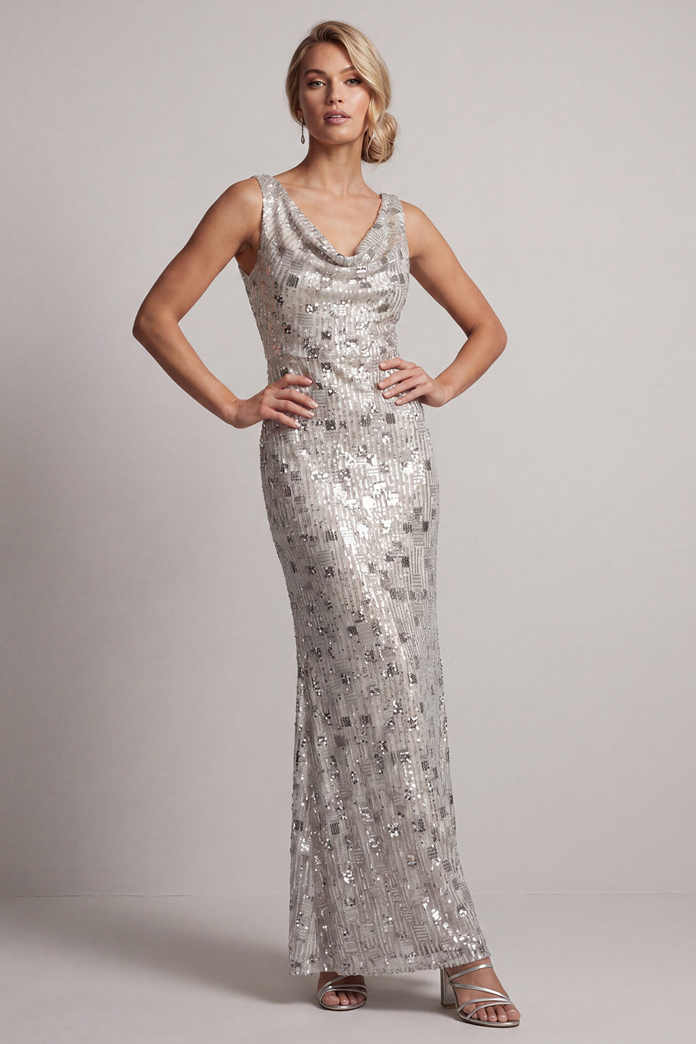 Sparkly Sequins Silver Sheath Cowl Neck Long Mother of the Bride Dress