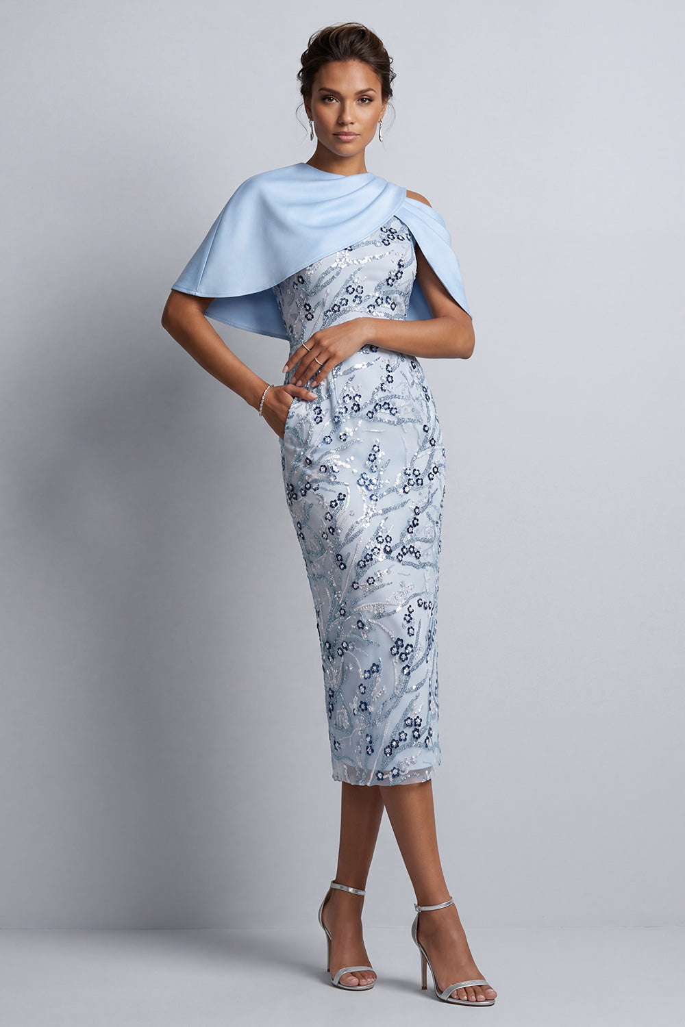 Floral Sky Blue Sheath Round Neck Midi Mother of the Bride Dress with Pocket