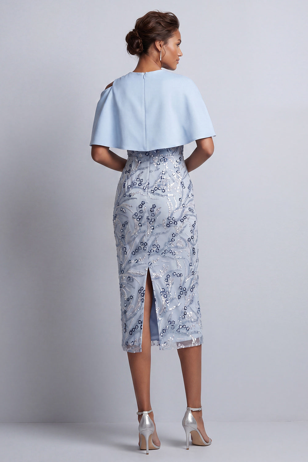 Floral Sky Blue Sheath Round Neck Midi Mother of the Bride Dress with Pocket