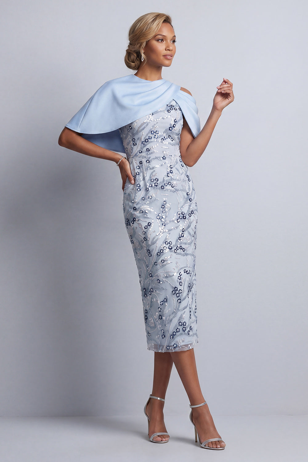 Floral Sky Blue Sheath Round Neck Midi Mother of the Bride Dress with Pocket