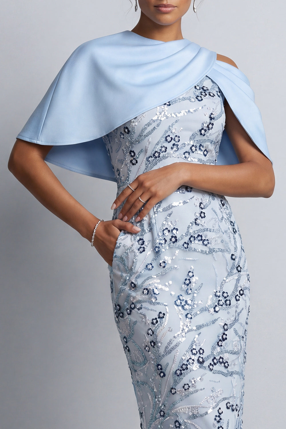 Floral Sky Blue Sheath Round Neck Midi Mother of the Bride Dress with Pocket